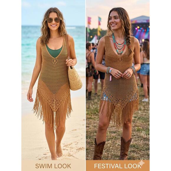 Other - Boho Brown Crochet Fringe Swim Cover-Up & Dress OSFM